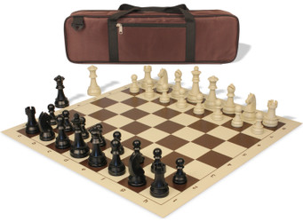 German Knight Carry-All Plastic Chess Set Black & Aged Ivory Pieces with Vinyl Rollup Board - Brown