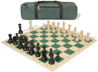 German Knight Carry-All Plastic Chess Set Black & Aged Ivory Pieces with Vinyl Rollup Board - Green