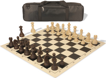 German Knight Carry-All Plastic Chess Set Wood Grain Pieces with Vinyl Rollup Board - Black