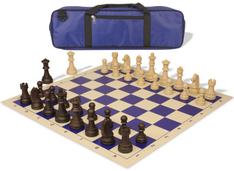 German Knight Carry-All Plastic Chess Set Wood Grain Pieces with Vinyl Rollup Board - Blue