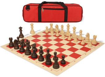 German Knight Large Carry-All Plastic Chess Set Wood Grain Pieces with Vinyl Roll-up Board & Bag - Red