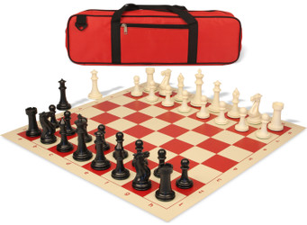 Executive Large Carry-All Plastic Chess Set Black & Ivory Pieces with Vinyl Roll-up Board & Bag - Red