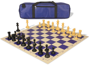 Master Series Carry-All Double-Weighted Plastic Chess Set - Black & Camel Pieces with Vinyl Rollup Board - Blue