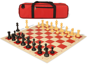 Master Series Carry-All Triple Weighted Plastic Chess Set Black & Camel Pieces with Vinyl Rollup Board - Red