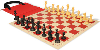 Master Series Easy-Carry Plastic Chess Set Black & Camel Pieces with Vinyl Rollup Board - Red