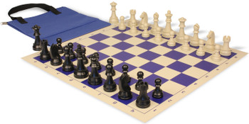 German Knight Easy-Carry Plastic Chess Set Black & Aged Ivory Pieces with Vinyl Rollup Board - Blue