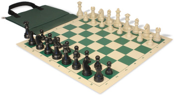 German Knight Easy-Carry Plastic Chess Set Black & Aged Ivory Pieces with Vinyl Rollup Board - Green