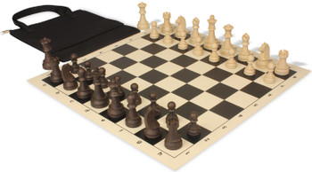 German Knight Easy-Carry Plastic Chess Set Wood Grain Pieces with Vinyl Rollup Board - Black