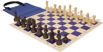 German Knight Easy-Carry Plastic Chess Set Wood Grain Pieces with Vinyl Rollup Board - Blue