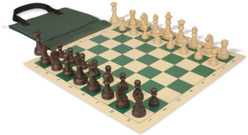 German Knight Easy-Carry Plastic Chess Set Wood Grain Pieces with Vinyl Rollup Board - Green