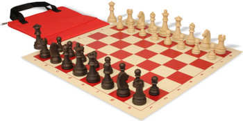 German Knight Easy-Carry Plastic Chess Set Wood Grain Pieces with Vinyl Rollup Board - Red