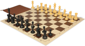 Master Series Classroom Triple Weighted Plastic Chess Set Black & Camel Pieces with Vinyl Rollup Board - Brown