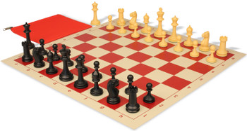 Master Series Classroom Triple Weighted Plastic Chess Set Black & Camel Pieces with Vinyl Rollup Board - Red