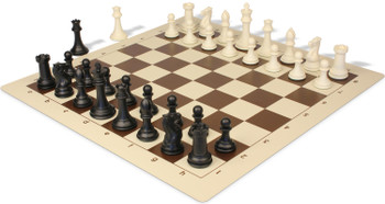 Professional Plastic Chess Set Black & Ivory Pieces with Vinyl Rollup Board - Brown