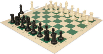 Professional Plastic Chess Set Black & Ivory Pieces with Vinyl Rollup Board - Green