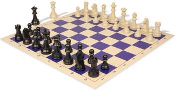 German Knight Plastic Chess Set Black & Aged Ivory Pieces with Vinyl Rollup Board - Blue