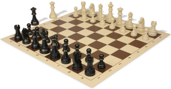 German Knight Plastic Chess Set Black & Aged Ivory Pieces with Vinyl Rollup Board - Brown