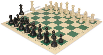 German Knight Plastic Chess Set Black & Aged Ivory Pieces with Vinyl Rollup Board - Green