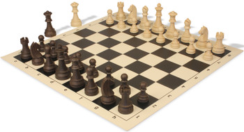 German Knight Plastic Chess Set Wood Grain Pieces with Vinyl Rollup Board - Black