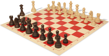 German Knight Plastic Chess Set Wood Grain Pieces with Vinyl Rollup Board - Red