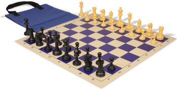 Master Series Easy-Carry Triple Weighted Plastic Chess Set Black & Camel Pieces with Vinyl Rollup Board - Blue