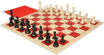 Standard Club Classroom Triple Weighted Plastic Chess Set Black & Ivory Pieces with Vinyl Roll-up Board - Red