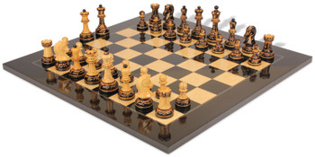 Dubrovnik Series Chess Set Burnt Boxwood Pieces with Black & Ash Burl Board & Box - 3.9" King