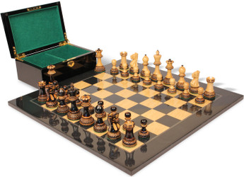 Parker Staunton Chess Set Burnt Boxwood Pieces with Black Ash Burl Board & Box - 3.75" King