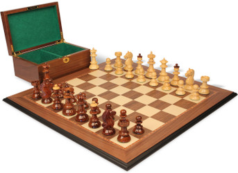 Vienna Coffee House Antique Reproduction Chess Set High Gloss Golden Rosewood & Boxwood Pieces with Walnut Molded Chess Board & Box - 4" King