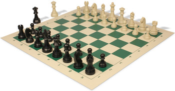 German Knight Deluxe Carry-All Plastic Chess Set Black & Aged Ivory Pieces with Roll-up Vinyl Board & Bag - Lime Green