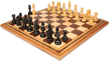 Wellington Staunton Chess Set Ebony & Boxwood Pieces with Mission Craft Walnut, Maple & Zebra Wood Chess Board - 4.25" King