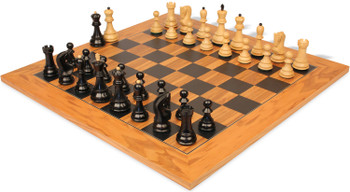 Zagreb Series Chess Set Ebonized & Boxwood Pieces with Olive Wood & Black Deluxe Board - 3.875" King