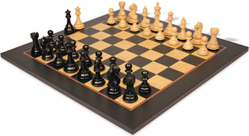 Fierce Knight Staunton Chess Set Ebonized & Boxwood Pieces with The Queens Gambit Chess Board - 3" King