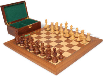 Deluxe Old Club Staunton Chess Set Golden Rosewood & Boxwood Pieces with Walnut & Maple Deluxe Board & Box - 3.75" King