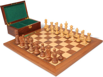 Parker Staunton Chess Set Acacia & Boxwood Pieces with Walnut & Maple Deluxe Board & Box - 3.75" King