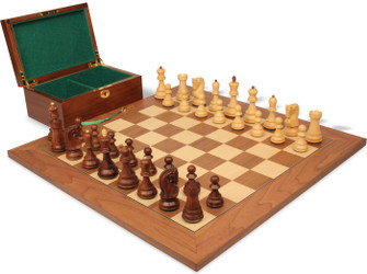 Zagreb Series Chess Set Golden Rosewood & Boxwood Pieces with Walnut & Maple Delux Board & Box - 3.875" King