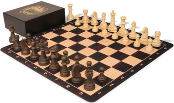 German Knight Plastic Chess Set Wood Grain Pieces with Macassar Floppy Board & Box