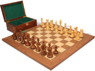 New Exclusive Staunton Chess Set Golden Rosewood & Boxwood Pieces with Walnut & Maple Deluxe Board & Box - 4" King