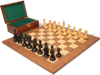 Fierce Knight Staunton Chess Set Ebonized & Boxwood Pieces with Walnut & Maple Deluxe Board & Box - 4" King