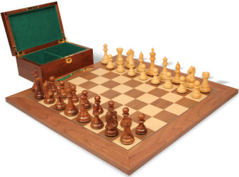 Fierce Knight Staunton Chess Set Golden Rosewood & Boxwood Pieces with Walnut & Maple Deluxe Board & Box - 4" King