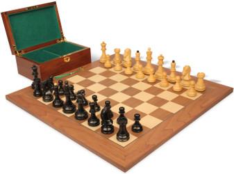 Dubrovnik Series Chess Set Ebony & Boxwood Pieces with Walnut & Maple Deluxe Board & Box - 3.9" King