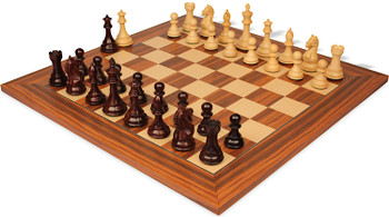 Fierce Knight Staunton Chess Set Rosewood & Boxwood Pieces with Santos Rosewood & Maple Deluxe Chess Board - 4" King