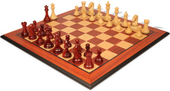 The Craftsman Series Chess Set African Padauk & Boxwood Lacquered Pieces with Padauk & Birds Eye Maple Molded Edge Board - 3.75" King