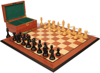 The Craftsman Series Chess Set Ebony & Boxwood Pieces with Mahogany & Maple Molded Edge Board & Box- King