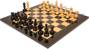 Hallett Antique Reproduction Chess Set Ebony & Boxwood Pieces with Black & Ash Burl Board - 4" King