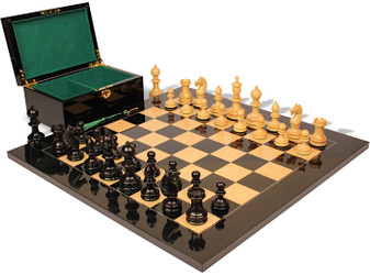 Hallett Antique Reproduction Chess Set Ebony & Boxwood Pieces with Black & Ash Burl Board & Box - 4" King