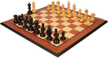 Hallett Antique Reproduction Chess Set Ebony & Boxwood Pieces with Mahogany & Maple Molded Edge Board - 4" King