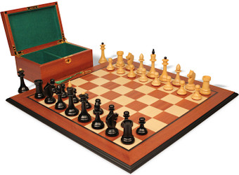 The Queens Gambit Final Game Chess Set Ebonized & Boxwood Pieces with Mahogany & Maple Molded Edge Board & Box - 4" King