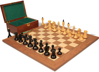 The Queens Gambit Final Game Chess Set Ebonized & Boxwood Pieces with Walnut & Maple Deluxe Board & Box - 4" King