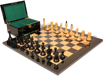The Queens Gambit Final Game Chess Set Ebonized & Boxwood Pieces with Black & Ash Burl Board & Box - 4" King